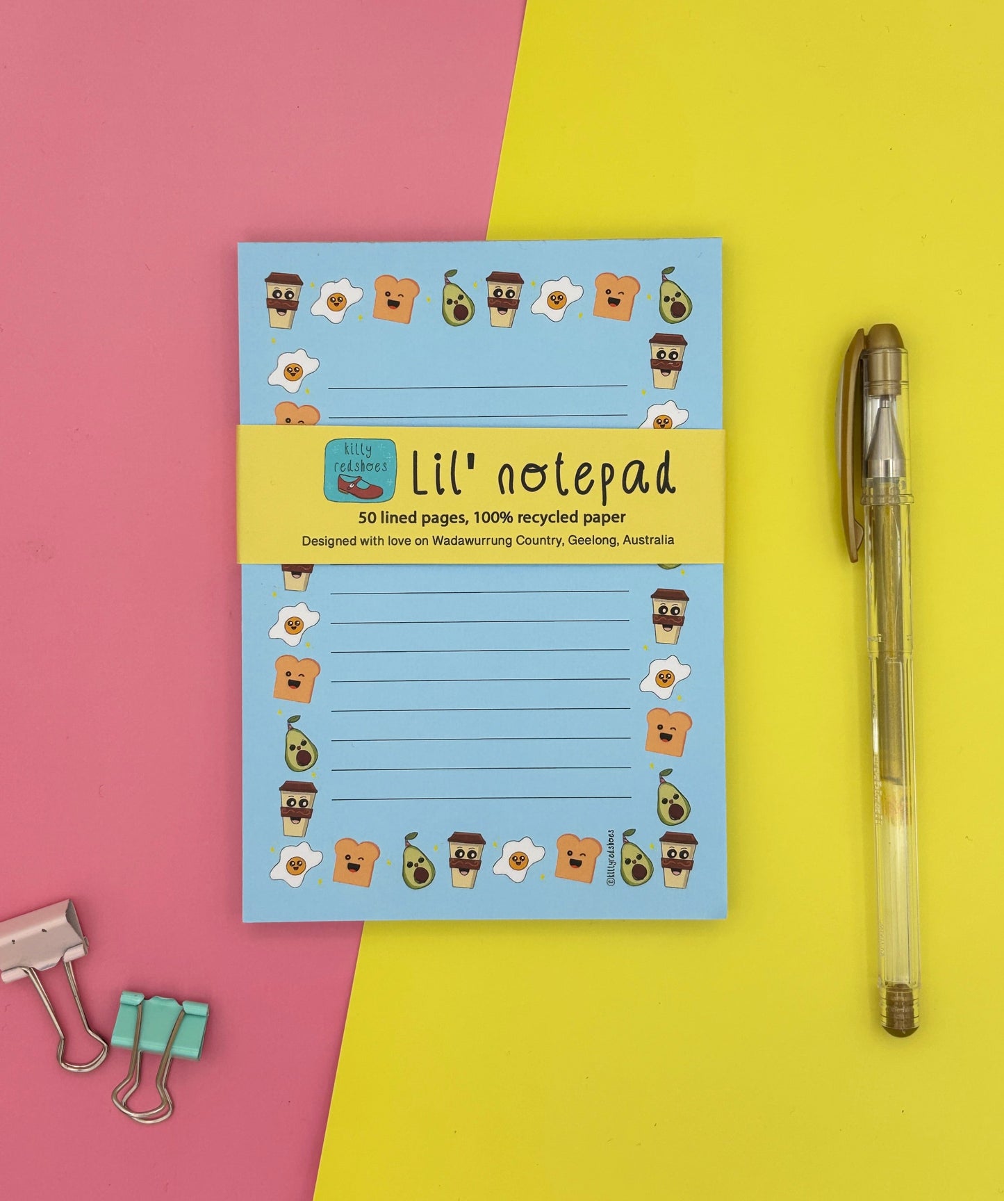 Lil' notepad with coffee, toast, avocado and egg designs on a pink and yellow background