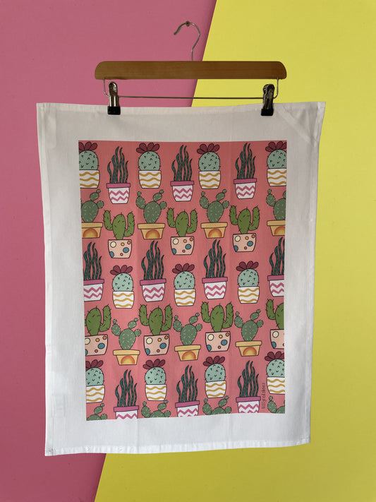 Pink cactus tea towel
