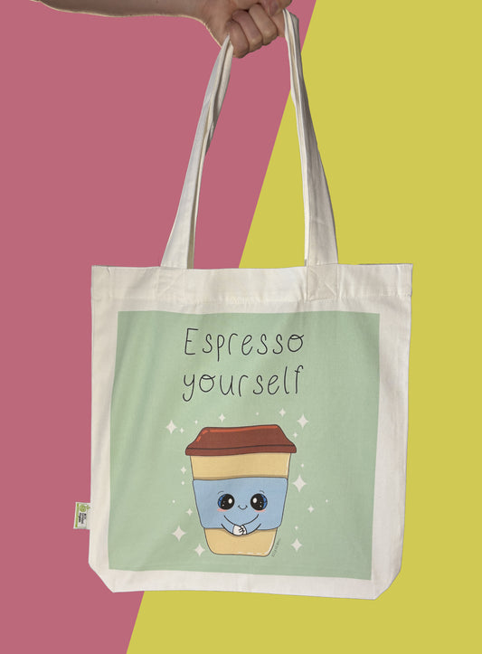 Tote bag with cute coffee drawing and text Espresso yourself on a green background. 