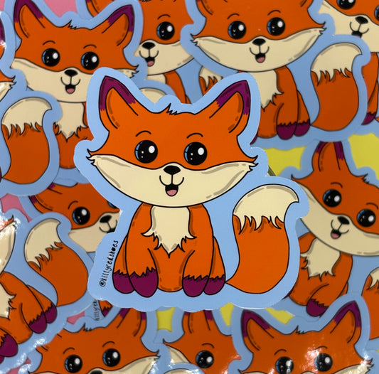A cute smiling orange, beige and purple cartoon fox sticker on a blue background, sitting on other stickers the same.